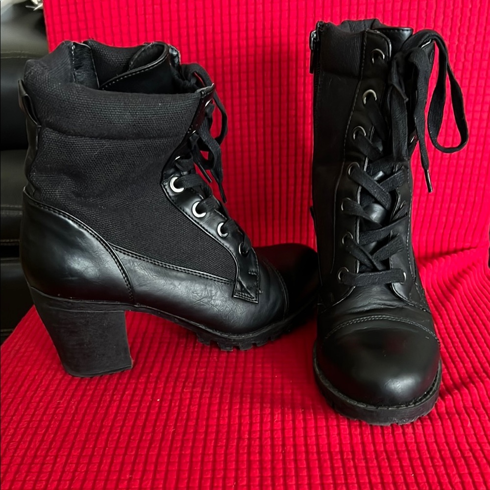 Xoxo Black Lace-Up Combat Boots with Chunky Heel